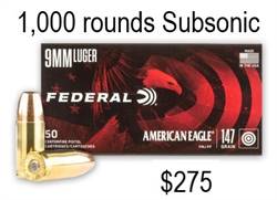 9mm Subsonic - Federal American Eagle 9mm 147 Grain Full Metal Jacket 1,000rds Per Box (AE9FP)