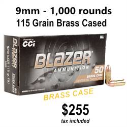 9mm CCi Blazer Brass 115 Grain or 124 Grain FMJ 1,000 round case