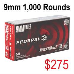 9mm 1,000 rounds Top Name Brands All BRASS Cased 115 or 124 grain