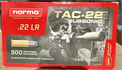 Norma 22 Long Rifle Ammo, 40 Grain, TAC-22 Subsonic Lead Round Nose – 500 Rounds