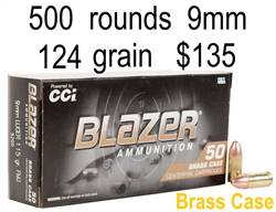 9mm CCi Blazer Brass 124 Grain FMJ 50 round box or 500 rounds