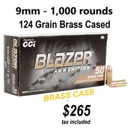 IN STOCK - 9mm CCi Blazer Brass 115 or 124 Grain FMJ 1,000 round case