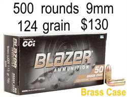 IN STOCK - 9mm CCi Blazer Brass 115 or 124 Grain FMJ 1,000 round case